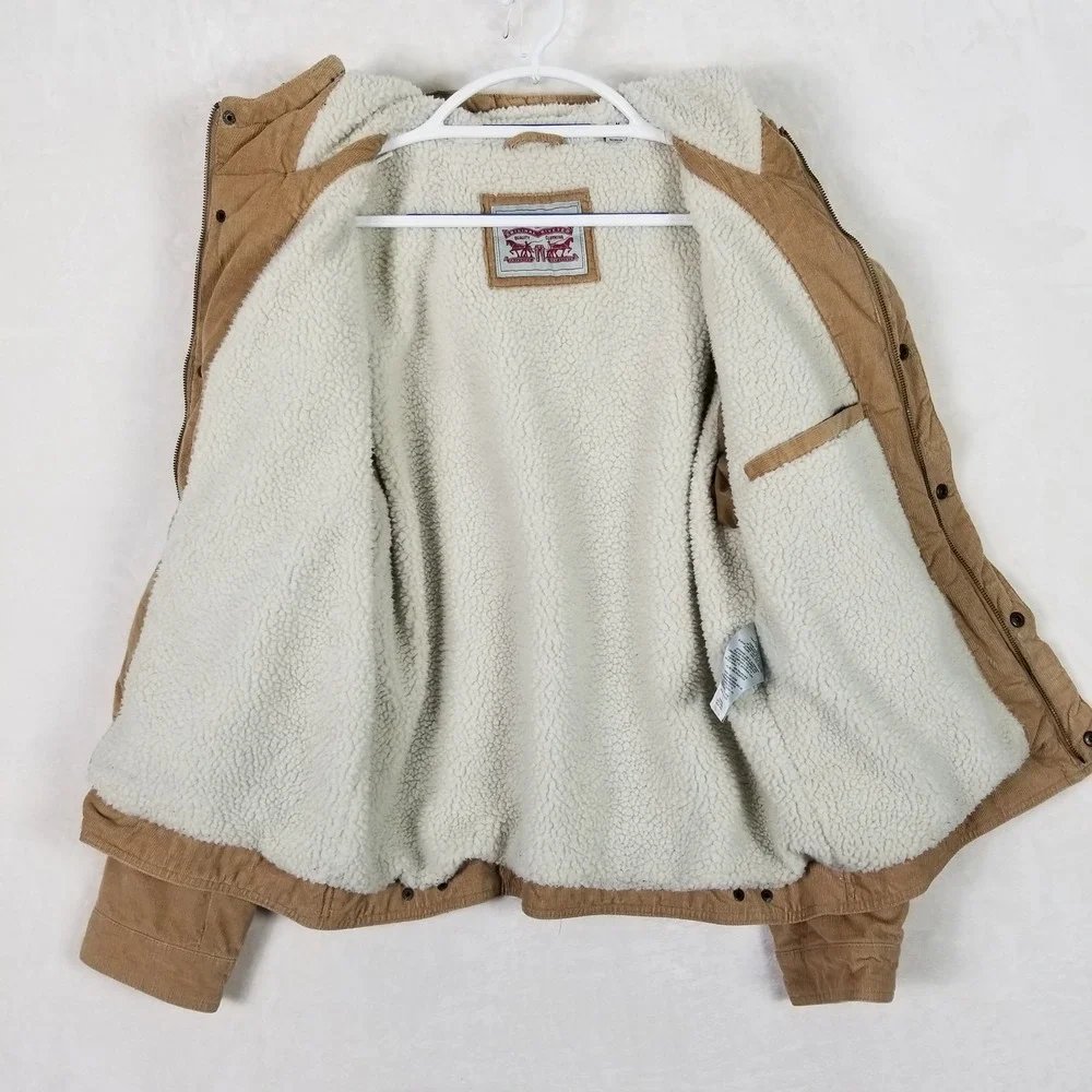 Levi's Hooded Trucker Jacket Mens Medium Tan Corduroy Sherpa Lined RN54163 - Picture 3 of 10